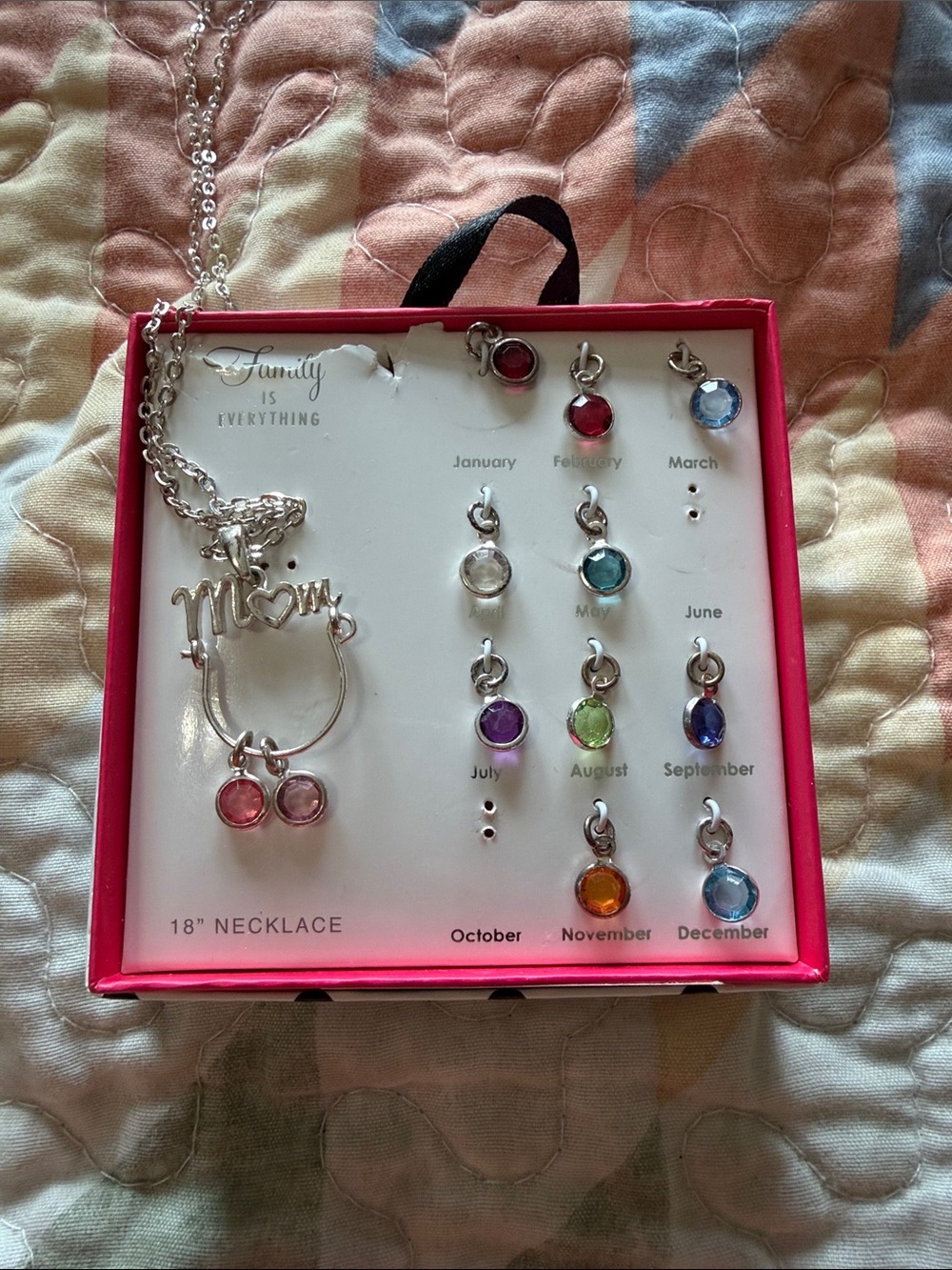 Family Is Everything "Mom" Birthstone Pendant Necklace - Pink & Multi-Color